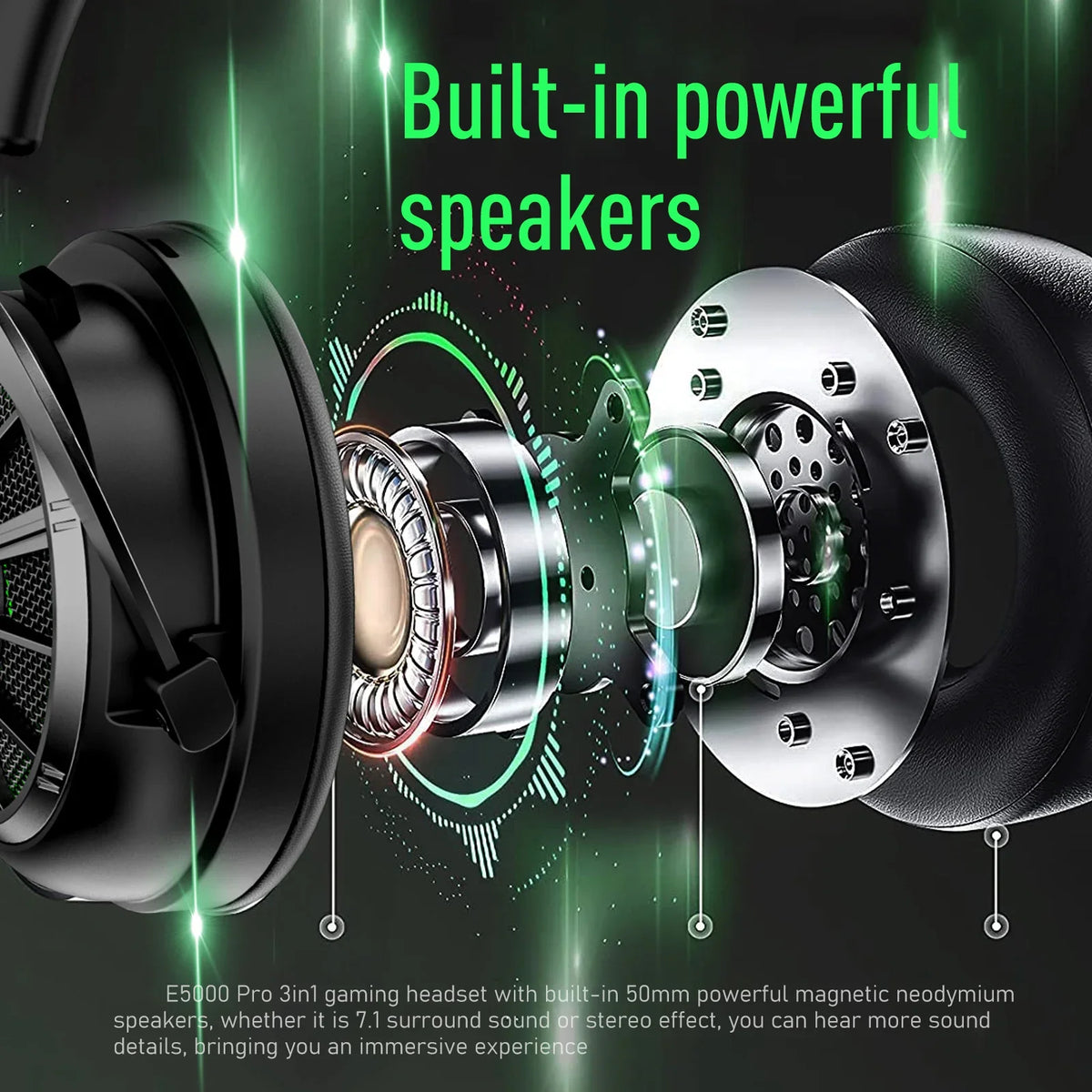 Auricular gaming negro con altavoz interno y detalles LED verdes, con diagrama de drivers.
