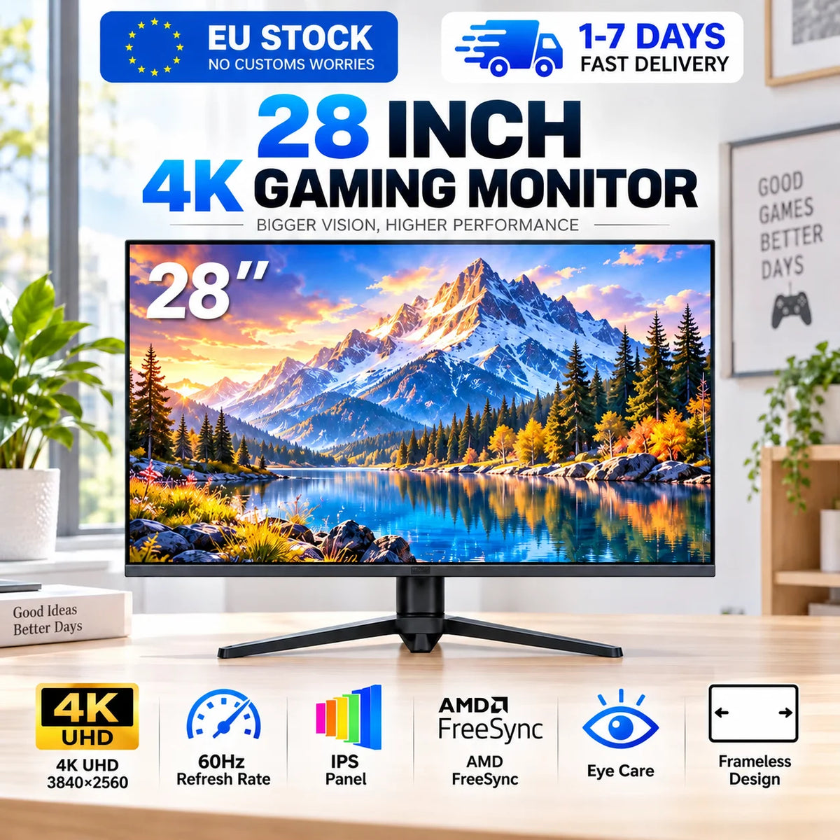 Monitor para juegos Crua GF005 de 28 pulgadas, 4K UHD, con pantalla IPS de 3840 x 2560, 60 Hz, compatible con AMD FreeSync, diseño sin bordes, tecnología para el cuidado de la vista, monitor plano para juegos, trabajo de of