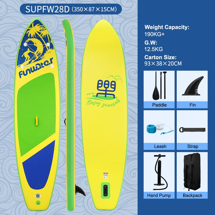 SUP hinchable Funwater SUPFW55C, 335x84x15 cm, 165 kg+, tabla de paddle surf rosa y lila con palmeras tropicales para yoga, escapadas a la playa, rutas en lagos y pesca tranquila, accesorios incluidos