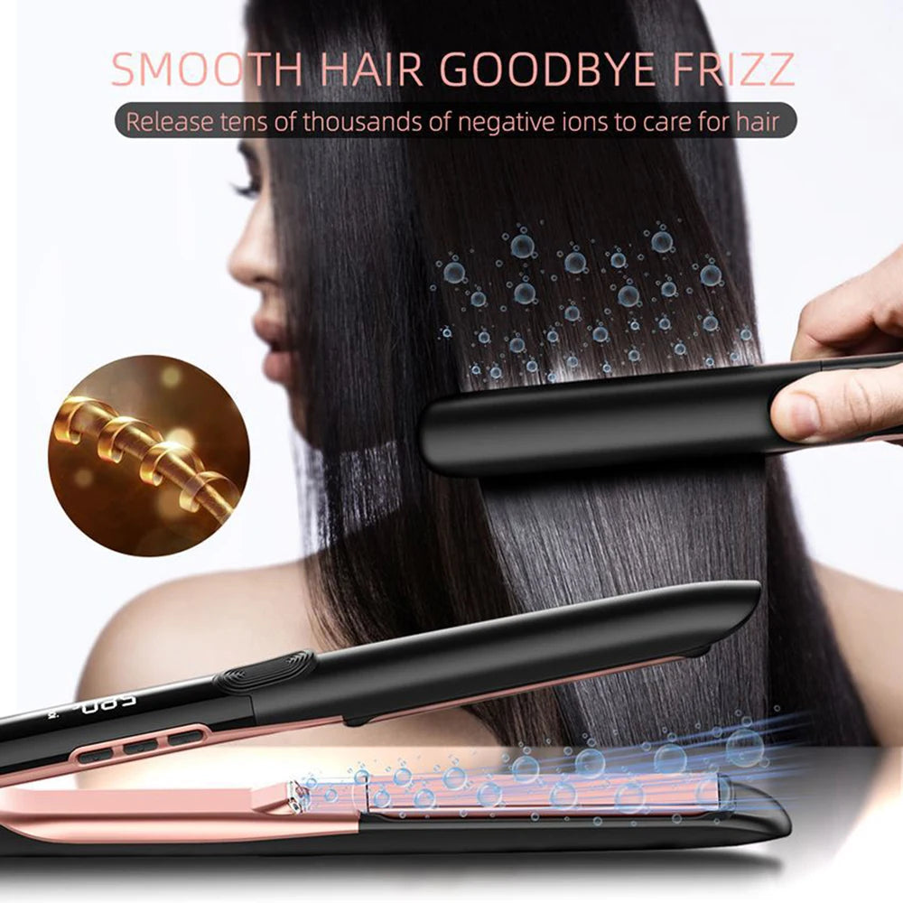 Plancha de pelo profesional 2 en 1, rizador de pelo con iones negativos, plancha de cerámica, tratamiento con queratina, para cabello encrespado, restaura el cabello dañado.