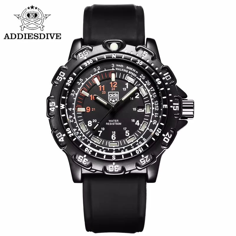 Reloj de cuarzo para hombre ADDIESDIVE para deportes al aire libre, con tubo luminoso, resistente al agua 50M, correa de silicona negra