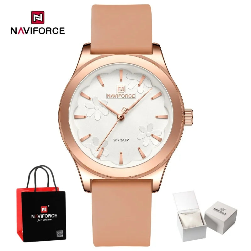 Relojes de moda sencillos para mujer NAVIFORCE, reloj de cuarzo resistente al agua con correa de silicona suave, diseño exquisito y único, caja de regalo.