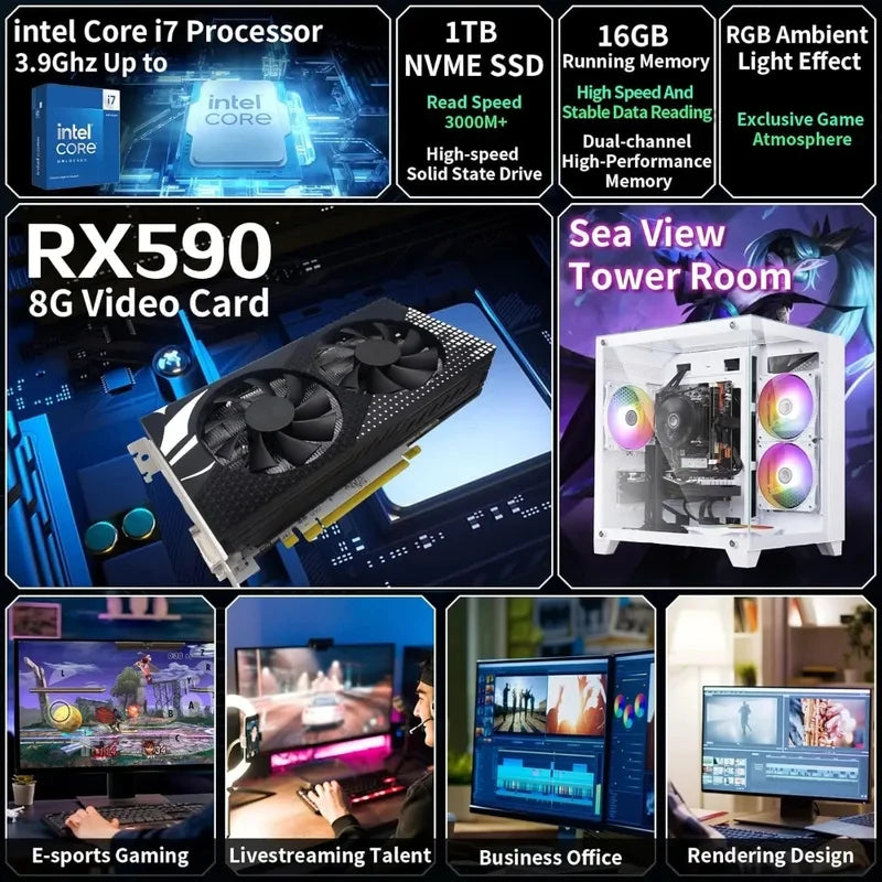 Computadora de escritorio para juegos preensamblada, computadora de escritorio Core i7, funcionando a una frecuencia de 3.4-3.9 GHz, tarjeta gráfica RX590