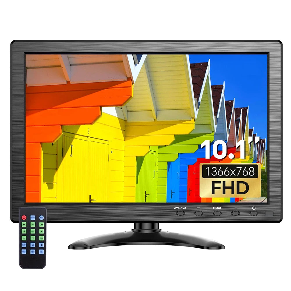 Monitor de seguridad Eyoyo de 10 pulgadas con pantalla LCD de resolución HD 1366 x 768; compatible con montaje en pared; entradas HDMI, VGA, AV, BNC y USB; altavoces integrados; para ordenador, PC, cámara y NVR