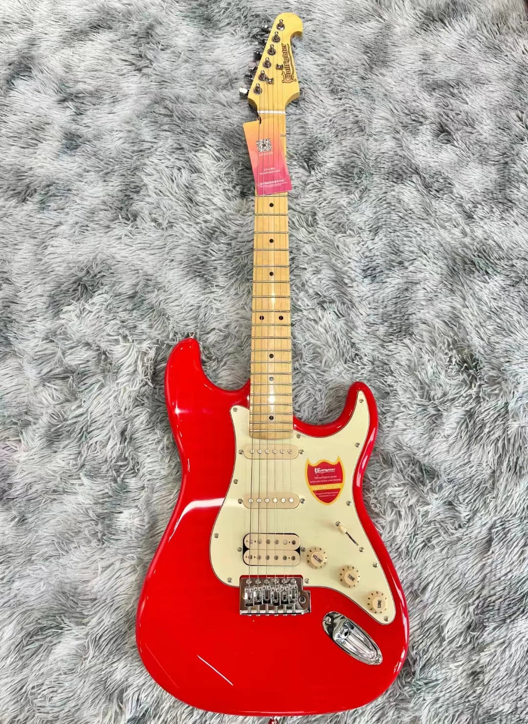 Guitarra Eléctrica Bullfighter Factory Azul Rosa Roja de 22 Trastes con Cuerpo de Álamo Sólido, Mástil de Arce, Cuerdas y Puente Cromado Vintage