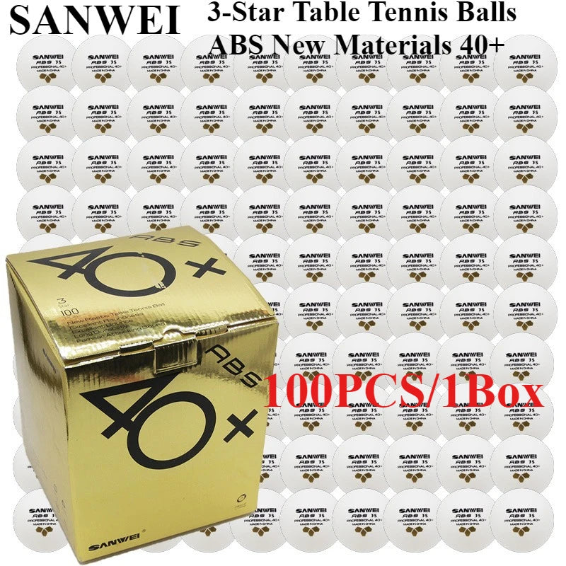 100 Uds SANWEI pelotas de tenis de mesa de 3 estrellas ABS nuevos materiales 40 + costura de etiqueta dorada pelotas de Ping Pong de alto rebote y duraderas para entrenamiento