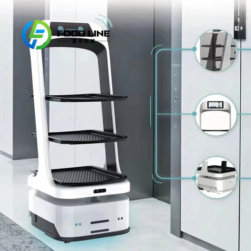 Robot camarero blanco de tres bandejas negras con pantalla superior