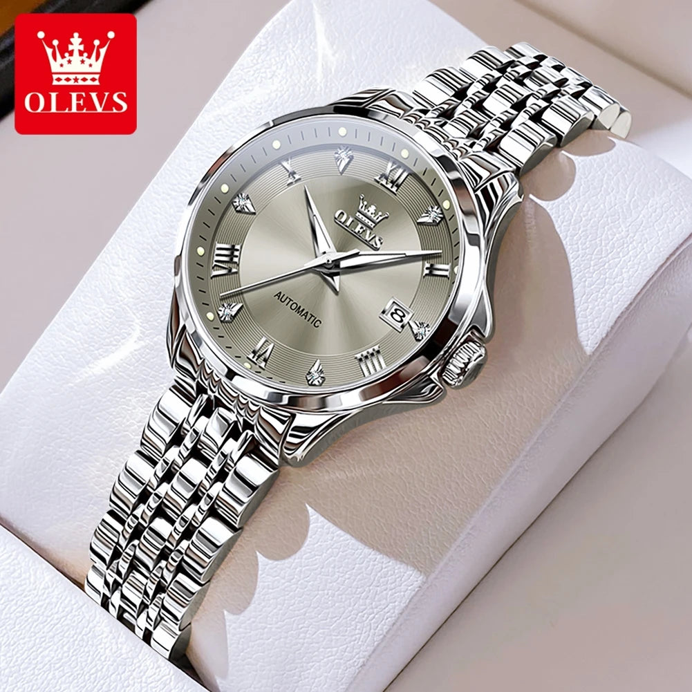 Reloj mecánico para mujer OLEVS, correa de acero inoxidable, calendario, reloj de pulsera de lujo para dama, reloj automático original para mujer 6702