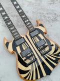 Guitarra eléctrica de doble mástil, guitarra de cuerpo macizo con 12+6 cuerdas, acabado en blanco y negro con diseño de remolino, herrajes negros, pastillas humbucker.