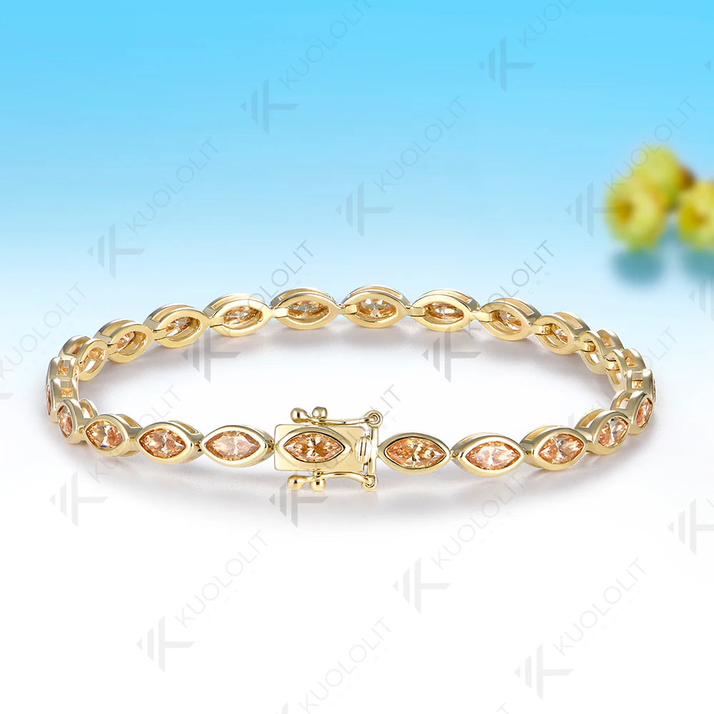 Pulsera Kuololit de Moissanita Champagne de 7.2CTW para Mujer, Oro Amarillo Sólido de 14K/10K, Corte Marquesa, para Regalos de Lujo en Fiestas Navideñas