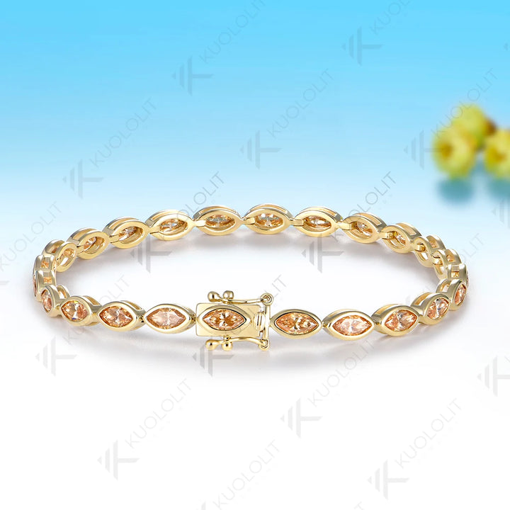 Pulsera Kuololit de Moissanita Champagne de 7.2CTW para Mujer, Oro Amarillo Sólido de 14K/10K, Corte Marquesa, para Regalos de Lujo en Fiestas Navideñas