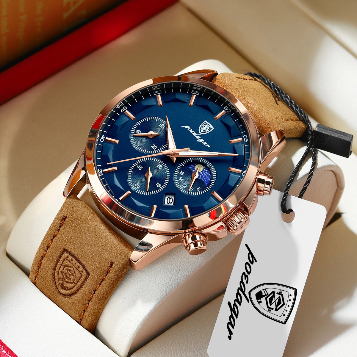 Reloj de pulsera para hombre POEDAGAR, deportivo y de lujo, con cronógrafo, resistente al agua, luminoso, con fecha y correa de piel, ideal para negocios.