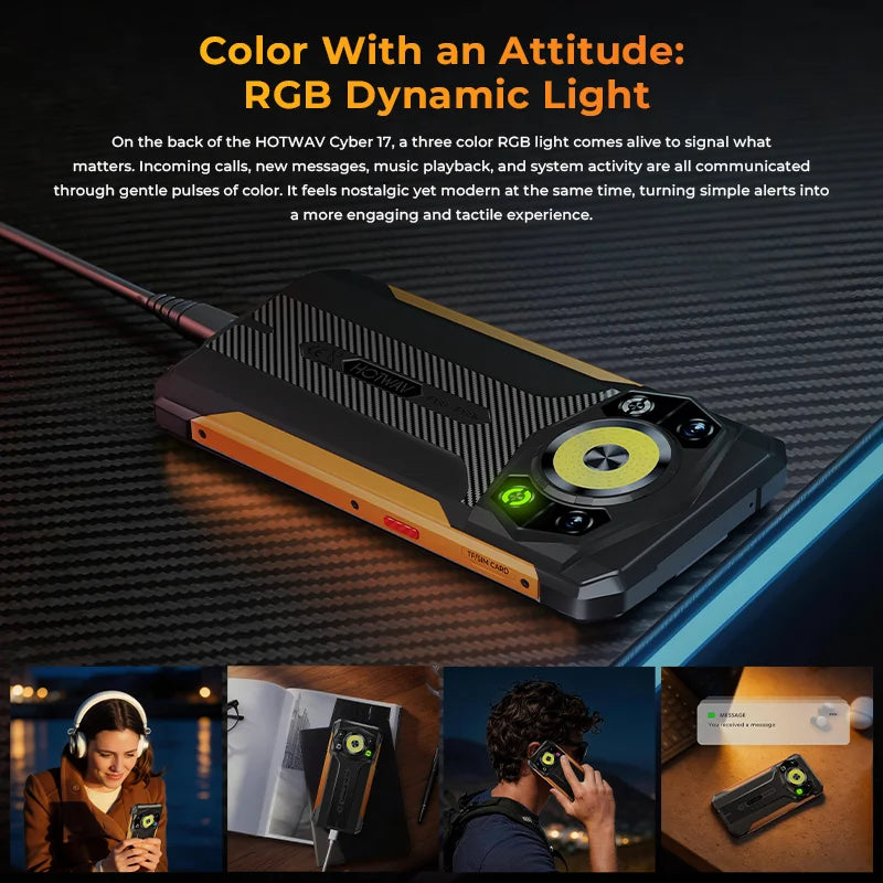 HOTWAV Cyber 17 Rugged Smartphone Android 16 6.75'' 120Hz RGB Dynamic Light Mobile Phone 350LM 6200mAh 20W 6GB 128GB Cellphone