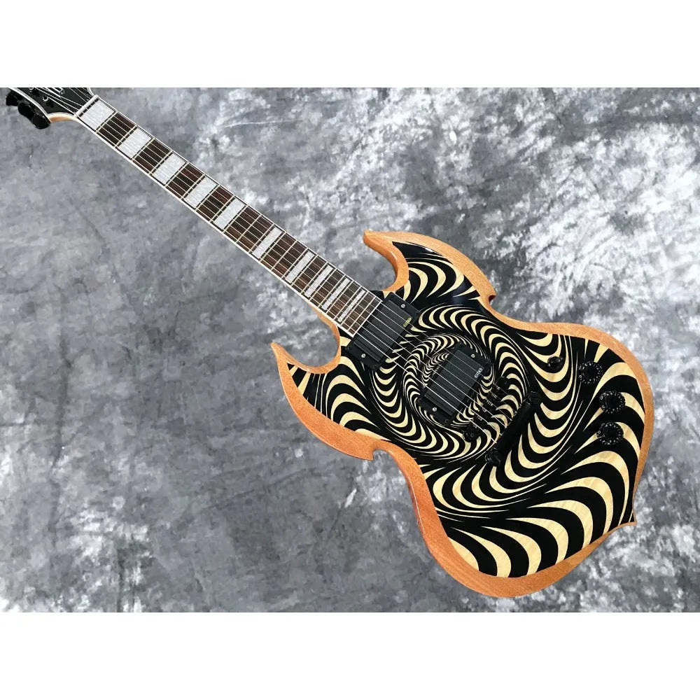 Nueva Guitarra Eléctrica Wylde Audio en Negro y Beige con Diseño Espiral Hipnótico, Acabado en Madera Natural, Dos Humbuckers EMG, Puente Fijo Negro