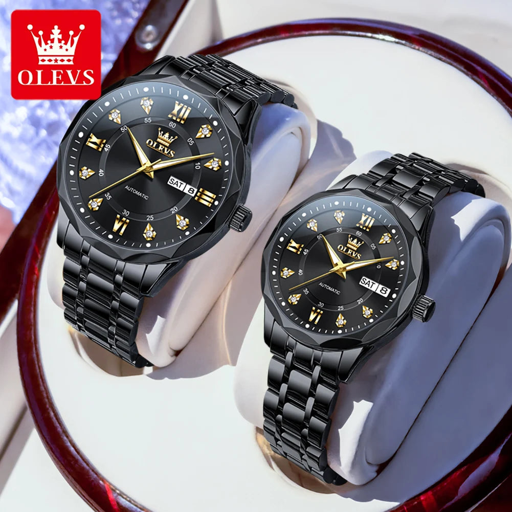 Relojes para pareja OLEVS 6727, marca de lujo, reloj mecánico automático, resistente al agua, luminoso, reloj de pulsera para pareja con día y fecha