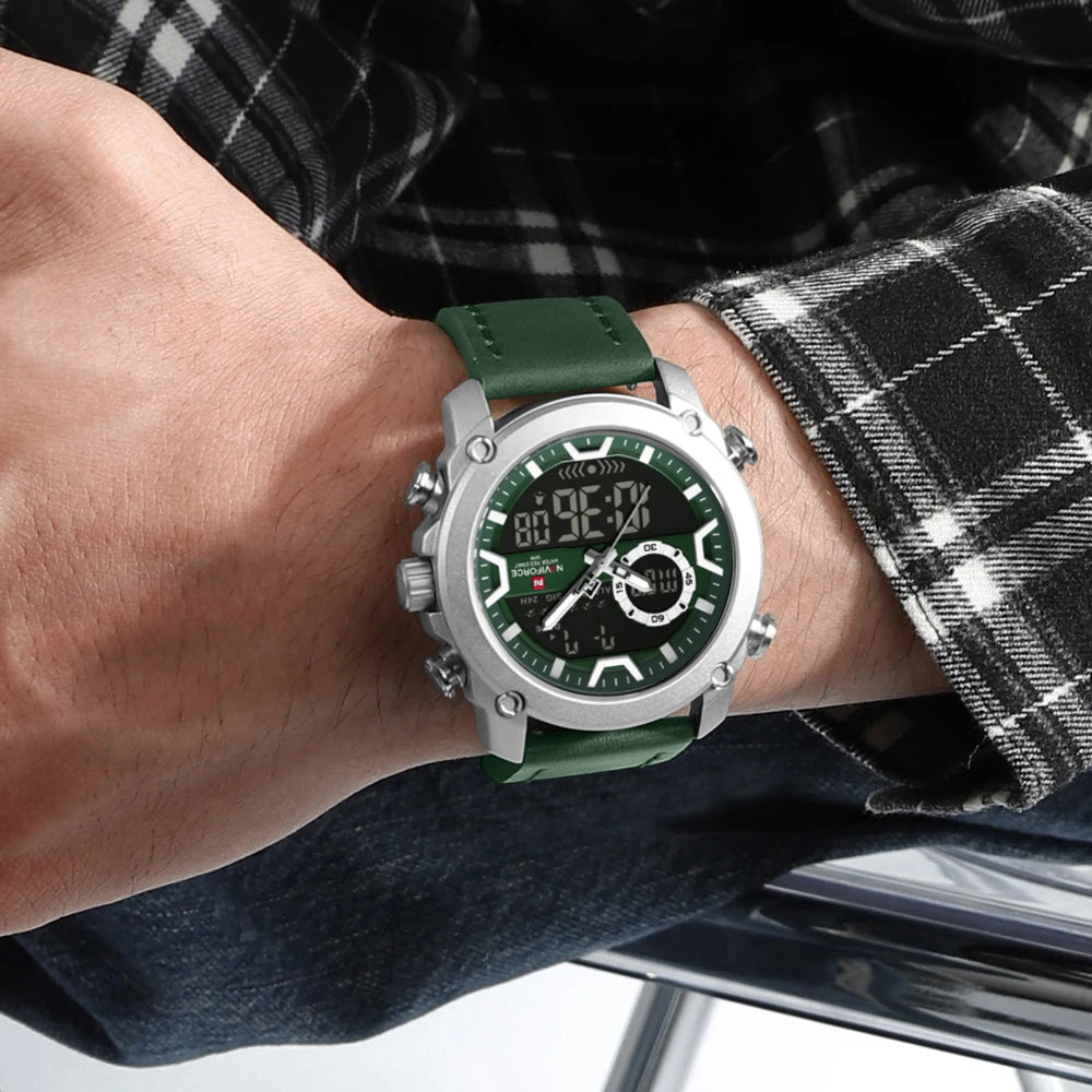 NAVIFORCE Sport Watches for Men Strong Luminous Dual Display Waterproof Genuine Leather Quartz Wristwatch Relogio Masculino