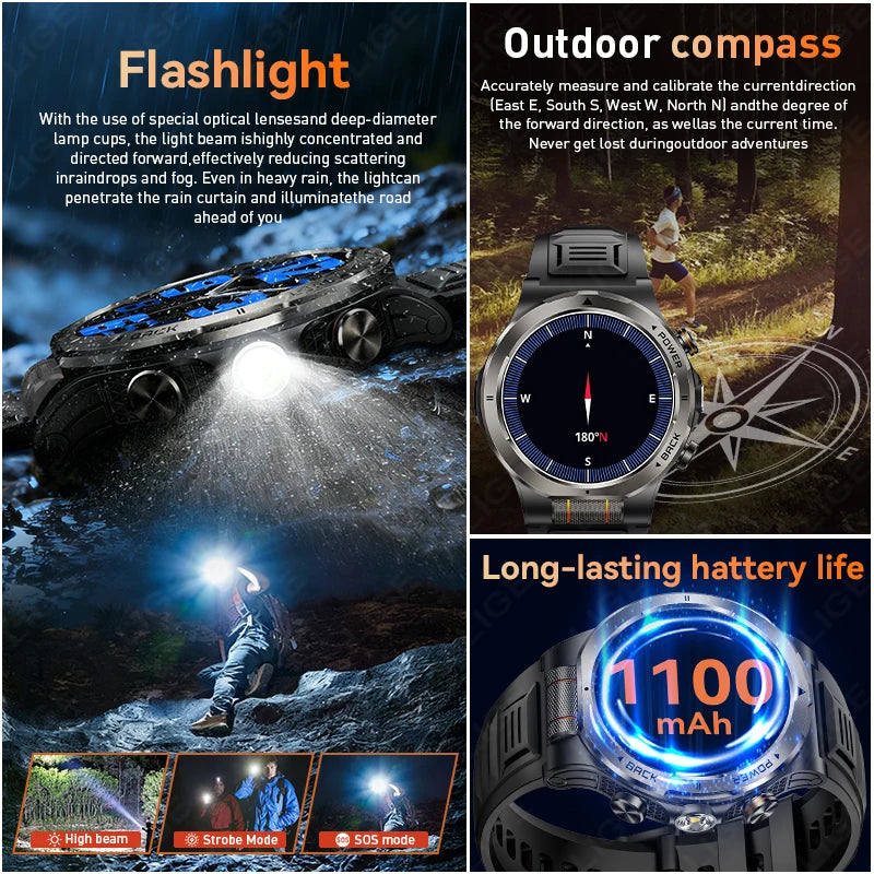 LIGE 2026 New 1100mAh Battery Smart Watch Waterproof Sports Tracker Health Monitoring Outdoor Compass Smartwatch With Flashlight