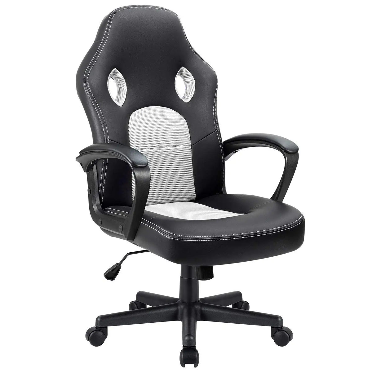 Silla gamer ajustable con respaldo alto y asiento acolchado en gris y negro, base giratoria