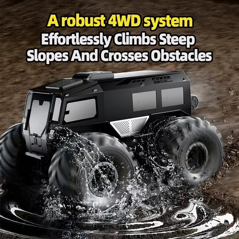 Coche RC anfibio todoterreno negro 4x4 con neumáticos grandes y salpicaduras de agua
