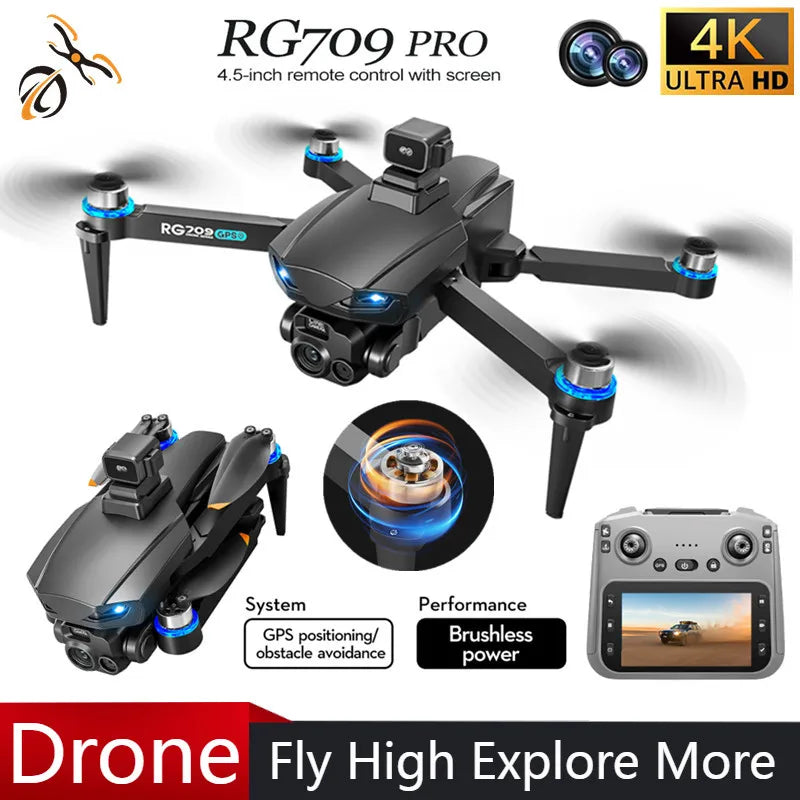 Dron con cámara y gimbal de 3 ejes, color negro, con luces LED azules.