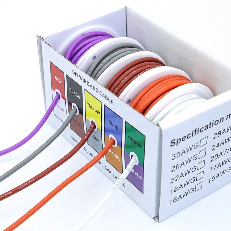 Cable de cobre estañado de silicona para bricolaje, 16-30AWG, 5 colores, 5-20 metros por eje, cable trenzado