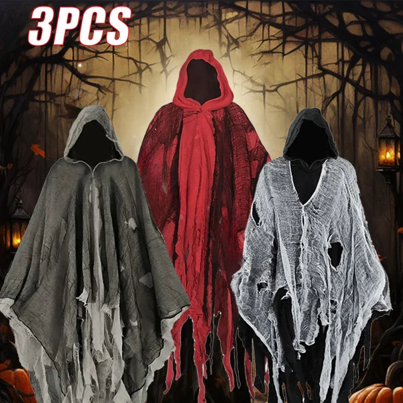 Capas con capucha para Halloween, disfraz de fantasma, muerte, gótico, Horror, Zombie, accesorios de fiesta del Día de los muertos, capas deshilachadas