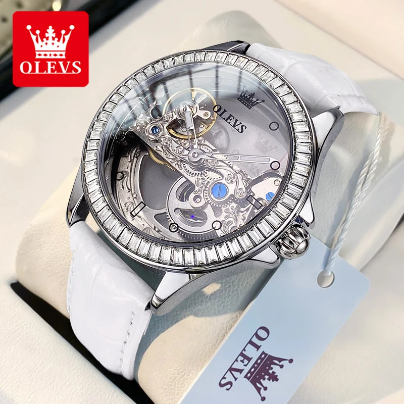 Reloj OLEVS 6699 para mujer, reloj de pulsera mecánico automático de lujo con esfera hueca totalmente transparente y bisel de diamantes, relojes de lujo para dama
