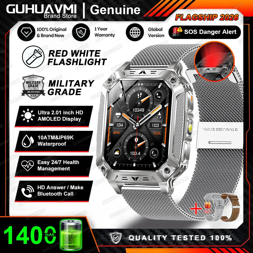 Reloj inteligente militar 2026 TANK, nuevo, 1400 mAh, GPS, pantalla AMOLED de 2.01", resistente al agua 10ATM, reloj, llamada SOS, linterna, para hombre, compatible con iOS