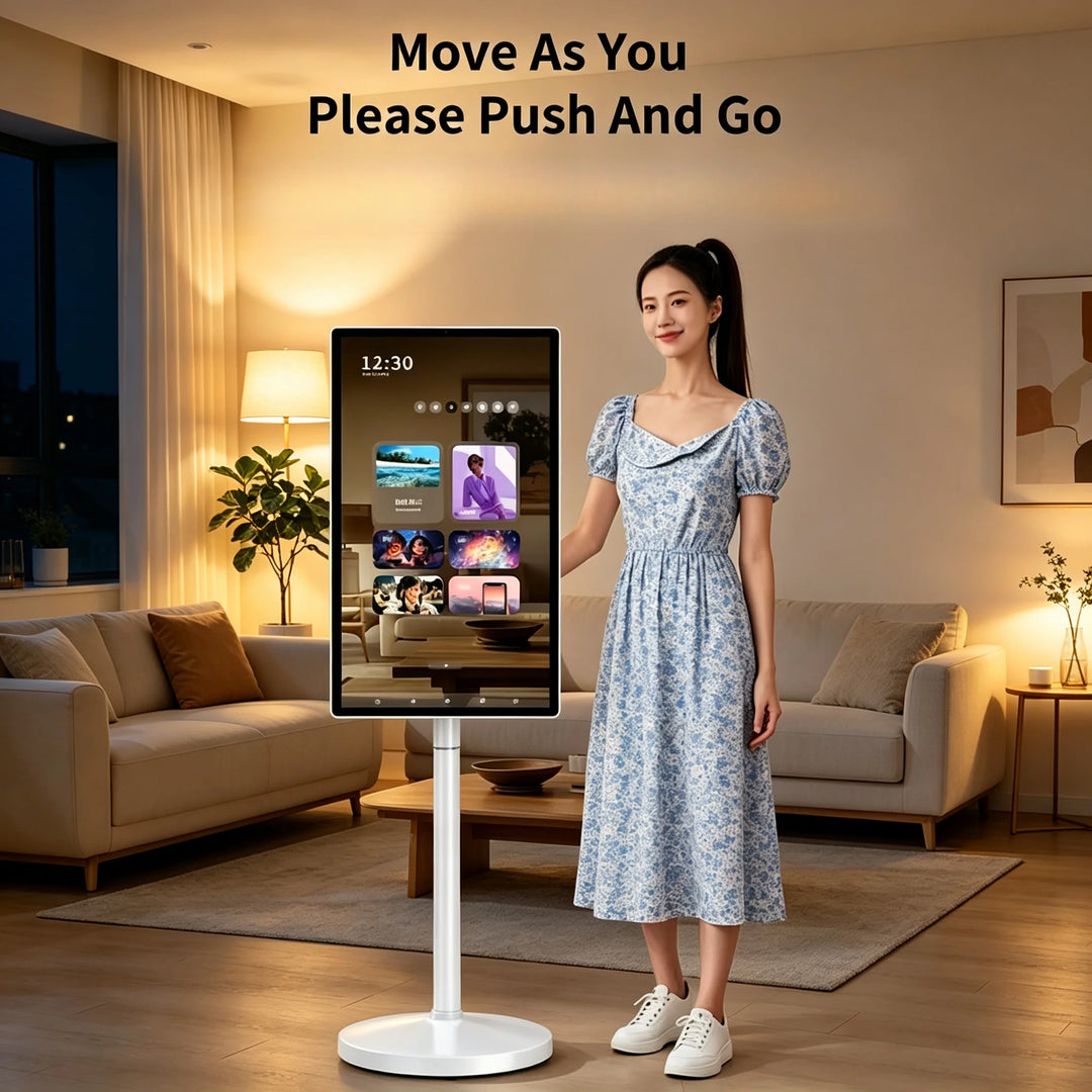 Televisor inteligente portátil con pantalla táctil, soporte giratorio y base móvil, ideal para el hogar, la oficina, la cocina o para usar en exteriores, con función de videollamada. Disponible en inventario en la Unión