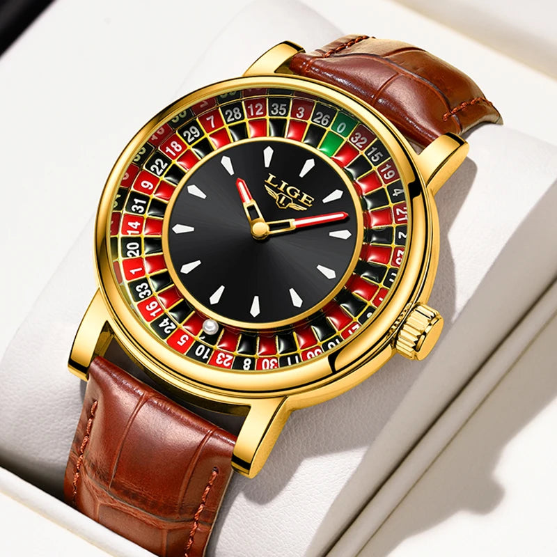 LIGE Casino Roulette Dial Men Watch Retro Brown Leather Strap Waterproof Quartz Watches for Men Business Casual Wrist Gift Watch