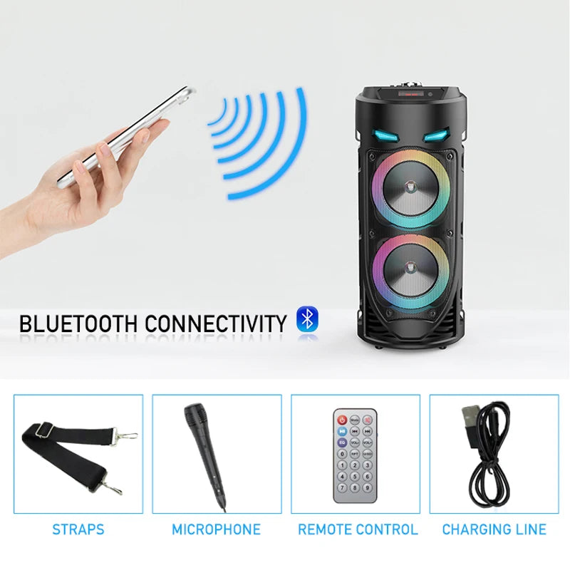 Columna inalámbrica de 30W, altavoz estéreo portátil con Bluetooth de gran potencia, subwoofer, altavoces de fiesta de graves con micrófono, Karaoke familiar, USB