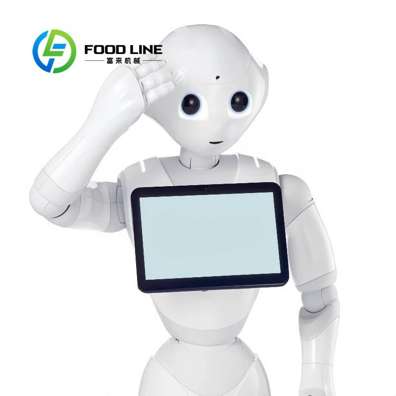 Robot humanoide blanco con ojos azules y pantalla frontal, manos levantadas