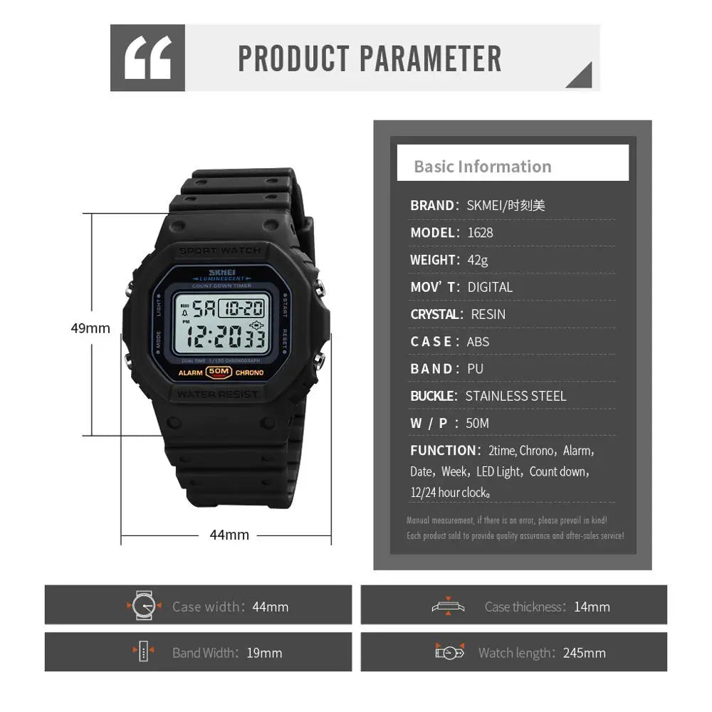 SKMEI 1628 Military Digital Watch for Men Retro Sport Waterproof Mens Electronic Wristwatch LED Display Clock 1988 Reloj Hombre