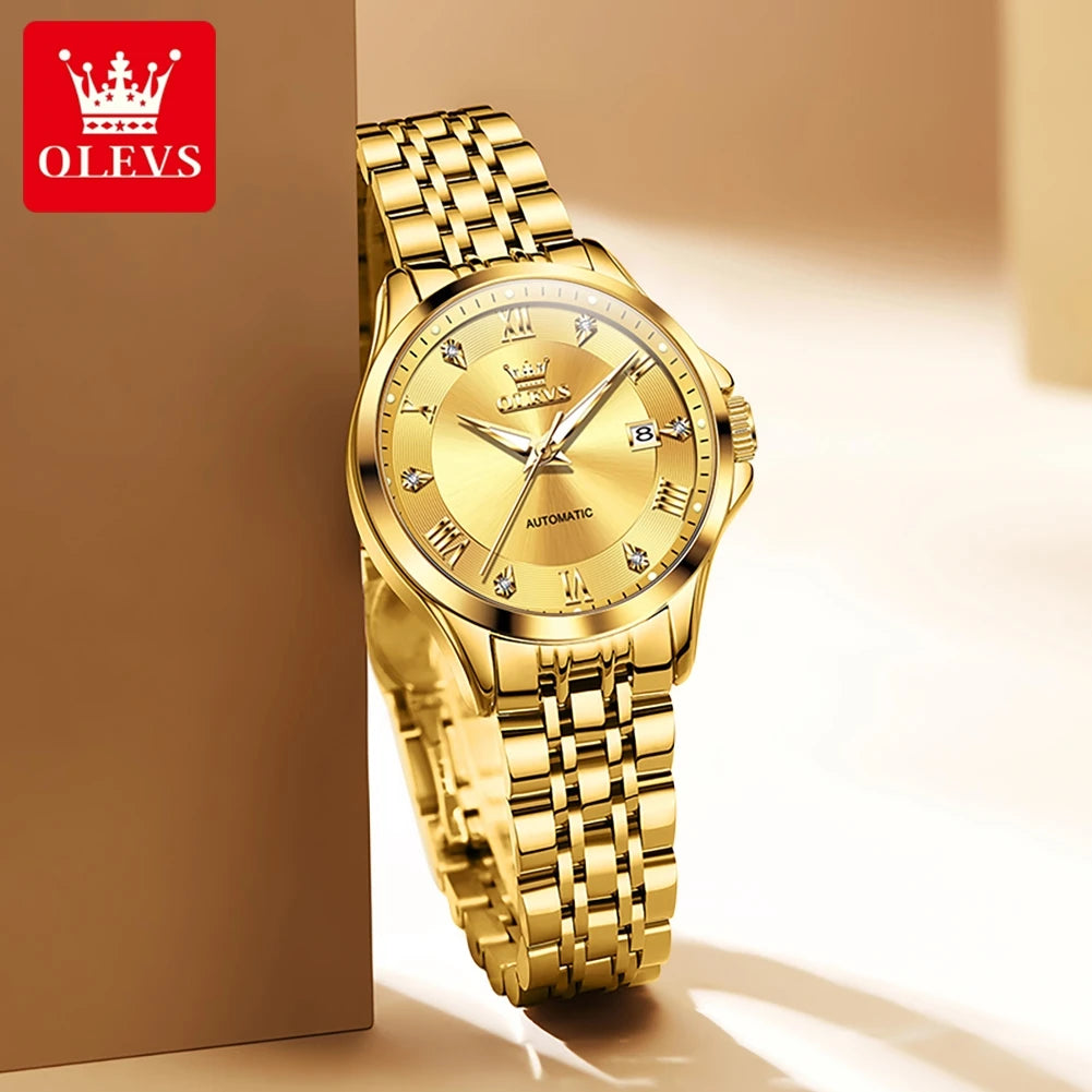 Reloj mecánico para mujer OLEVS, correa de acero inoxidable, calendario, reloj de pulsera de lujo para dama, reloj automático original para mujer 6702
