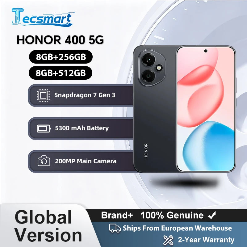HONOR 400 5G, Versión UE, Smartphone 5G, Qualcomm Snapdragon 7 Gen 3, Cámara principal ultranítida con IA de 200 MP, Batería de 5300 mAh