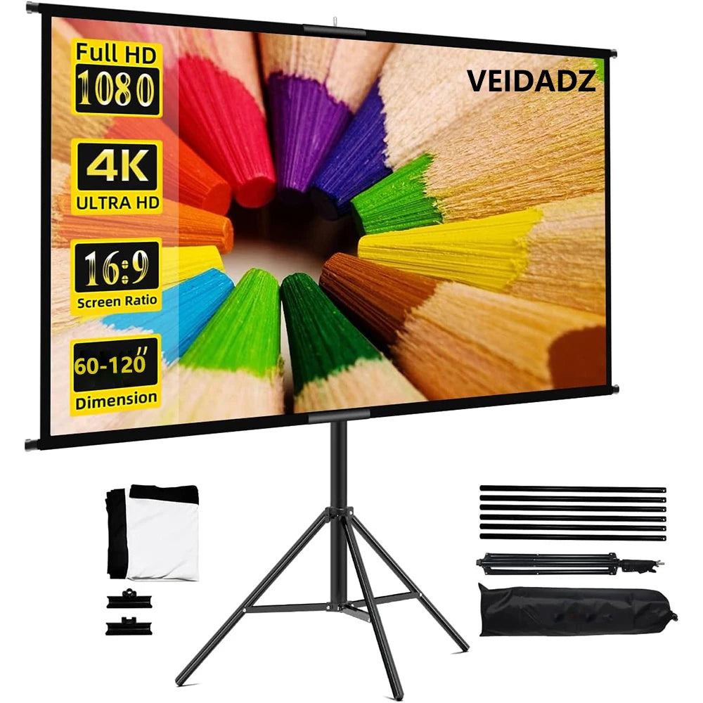 Pantalla de proyector en trípode con pantalla blanca y marco negro, para interior