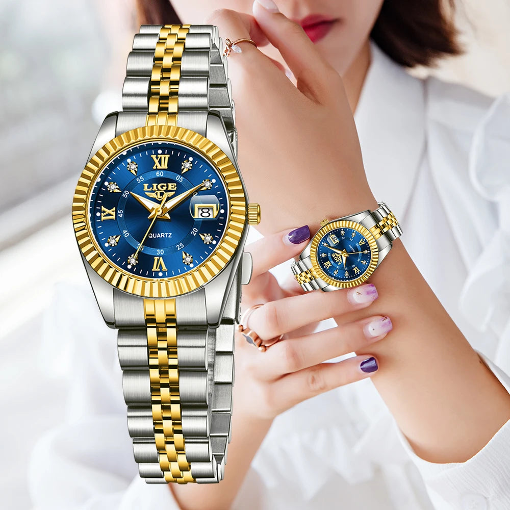 Reloj LIGE de moda para mujer, de acero inoxidable, resistente al agua, con fecha automática, elegante reloj de pulsera para dama, reloj de cuarzo original de lujo para mujer