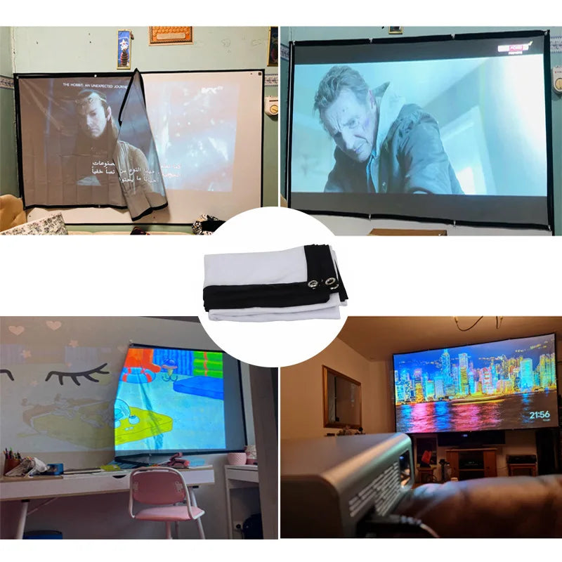 Pantalla de proyección con funda negra y pantallas proyectadas en interiores