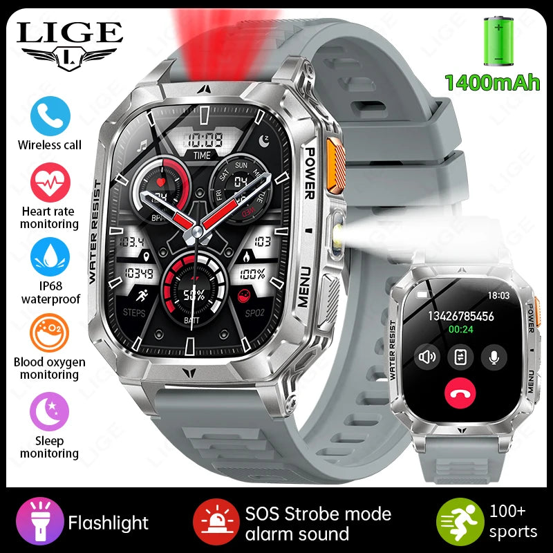 LIGE Outdoor Military Smart Watch Men 1400mAh Big Battery LED Flashlight SOS Alarm Bluetooth Call 100+Sports Modes Waterproof Smartwatch For Android IOS