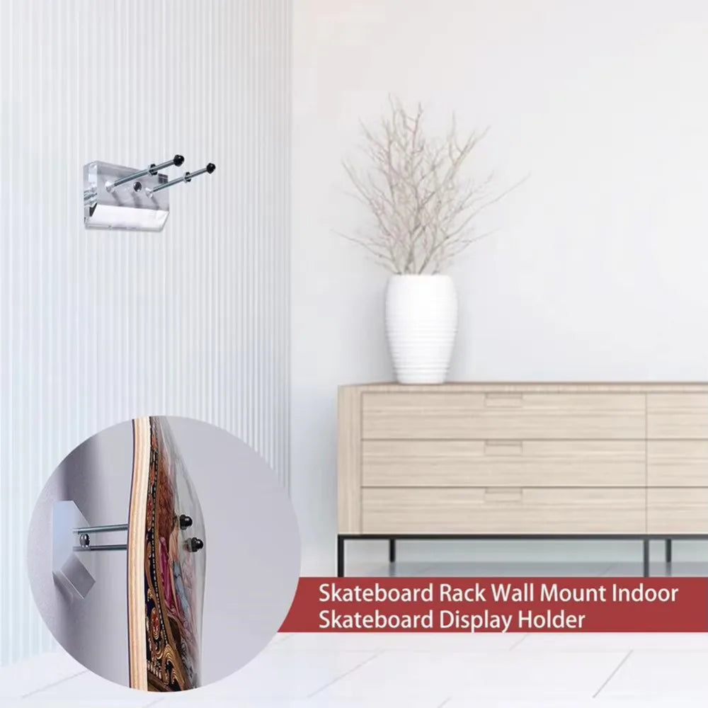 Soporte de pared para monopatín, colgador de cubierta para Longboard, soporte de exhibición acrílico transparente para interiores, soporte de almacenamiento flotante para monopatín