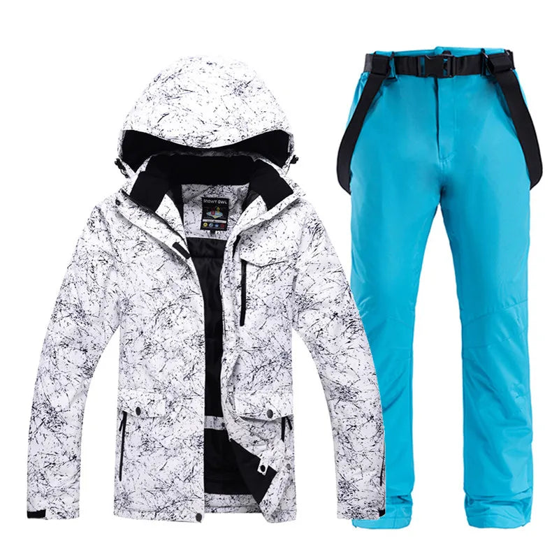 -30 Conjuntos de trajes de nieve blancos para hombres o mujeres Ropa de invierno al aire libre Ropa de snowboard Disfraces impermeables Chaqueta de esquí + Baberos de pantalón de nieve