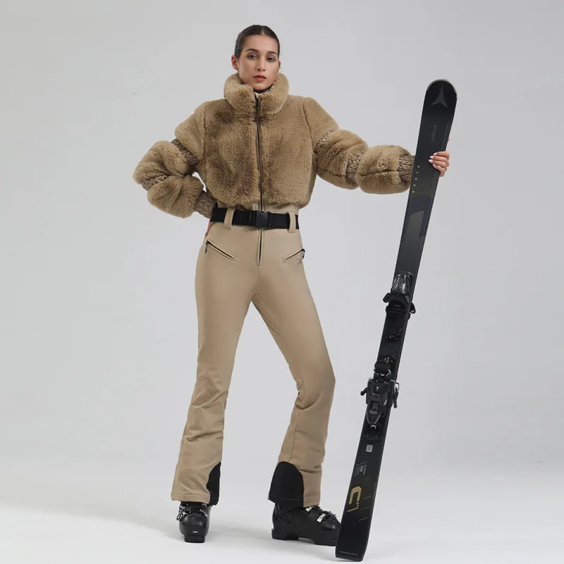 GSOU SNOW Trajes de esquí para mujer Traje de nieve de una pieza Snowboard Piel sintética Mono delgado Aislamiento general A prueba de viento Invierno al aire libre