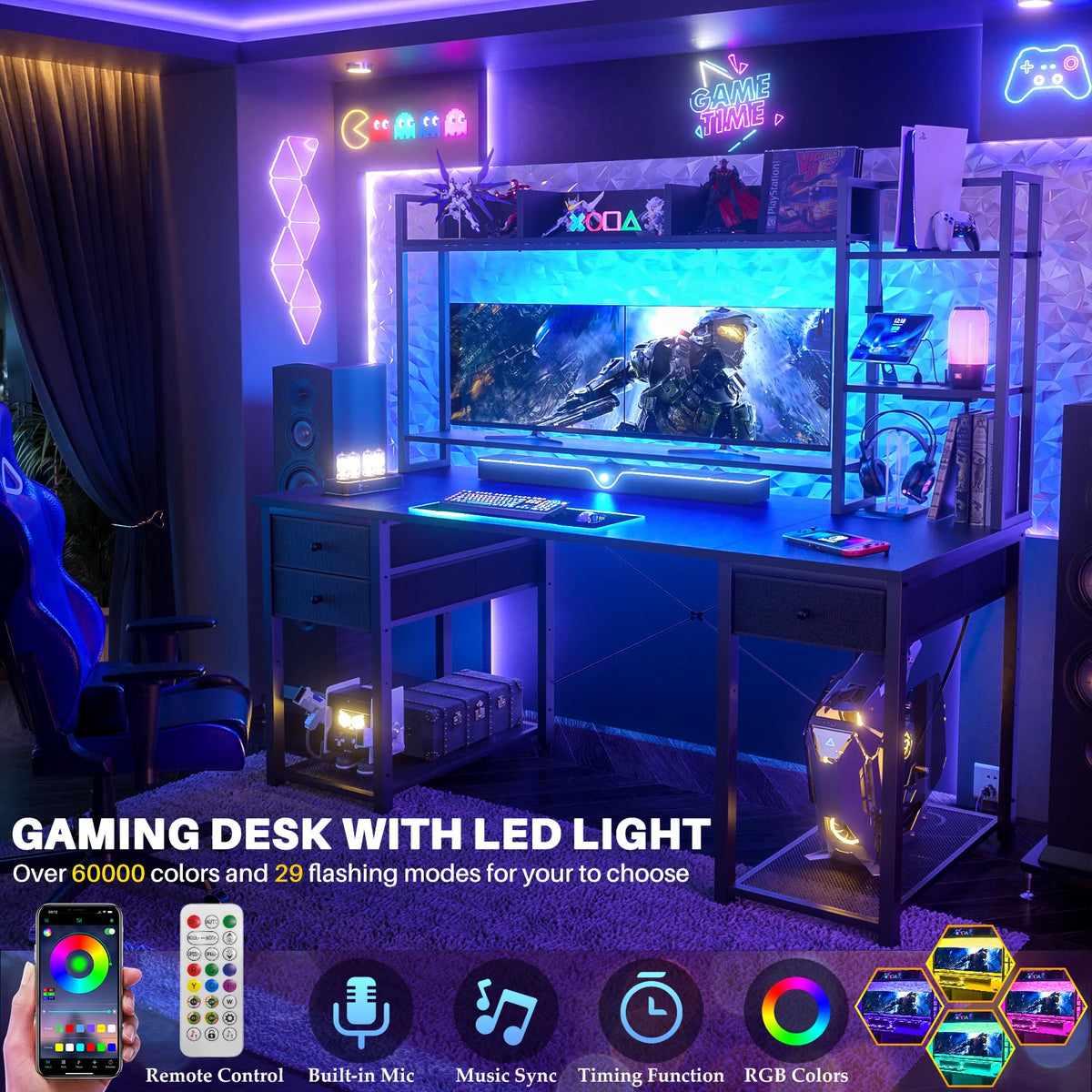 Escritorio gamer negro con luz LED RGB, estanterías y barra superior tipo hutch