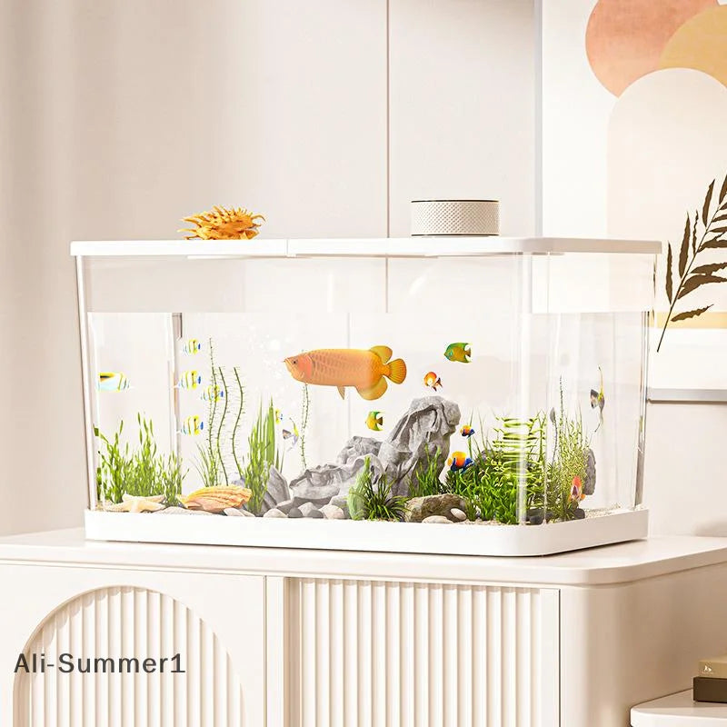 【E】Mini pecera de PET transparente, acuario hidropónico resistente a caídas con tapa, tanque ecológico de escritorio para el hogar, acuario fácil de mantener para tortugas