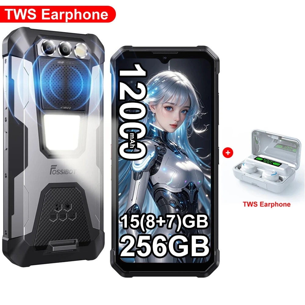 Smartphone resistente FOSSiBOT [F106 Pro] 15GB(8+7) RAM 256GB ROM 12000mAh 6.58” FHD Android 14 Altavoz potente Luz para acampar