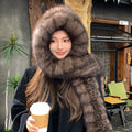 Gorro de piel de zorro, bufanda, gorro para la nieve, abrigo de otoño e invierno para mujer, diseño moderno, gorro de felpa de doble capa para proteger las orejas.