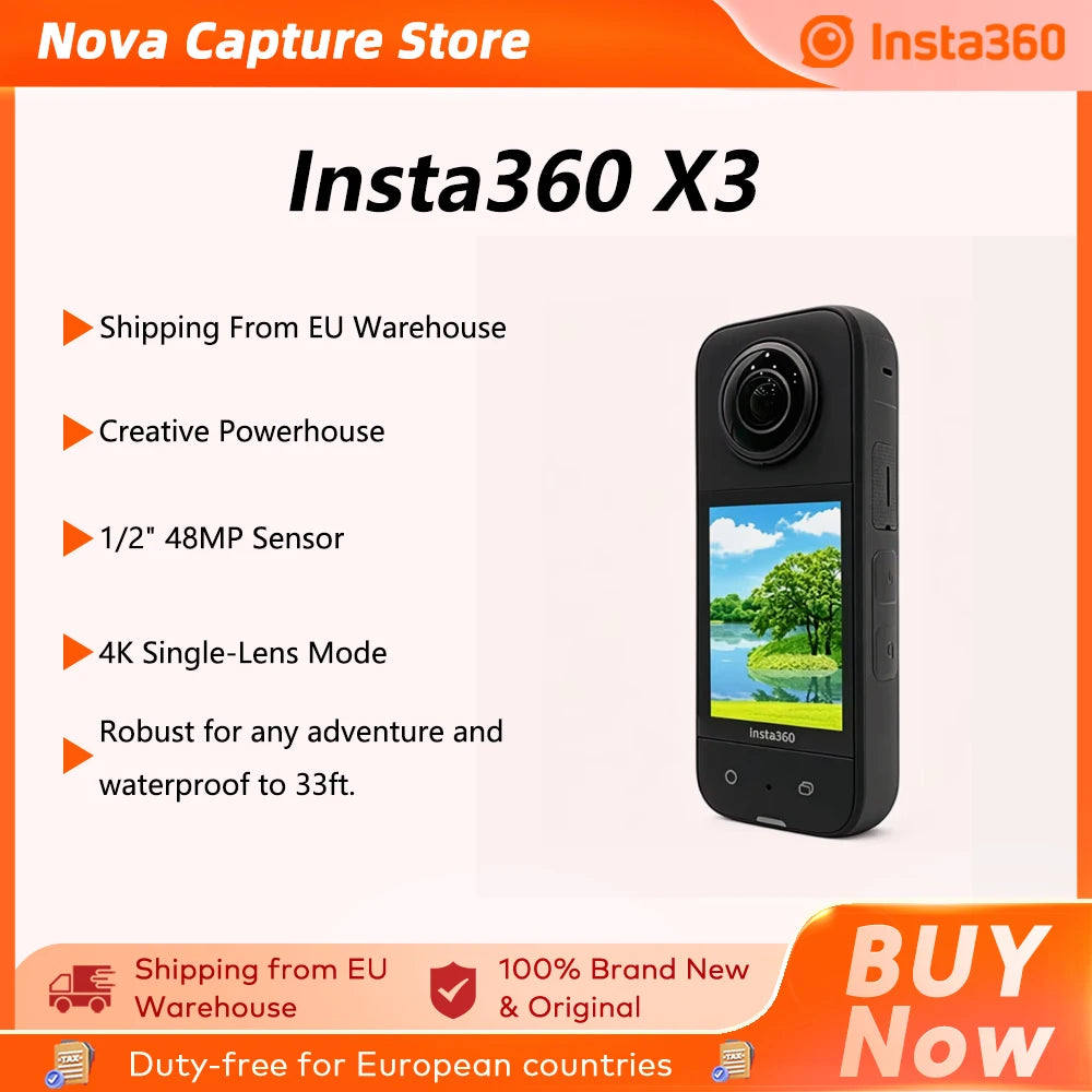 Cámara de acción Insta360 X3 en stock en la UE, resistente, con sensores de 1/2 " y 48MP, video HDR activo K 5.7, fotos de 72MP, cámara Insta360 X3 de lente única 4K