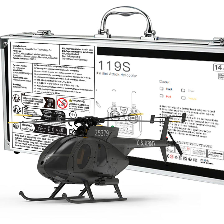 Helicóptero YUXIANG F119S(MD500) 9CH GPS 1/16 con Flujo Óptico + LiDAR TOF/Suspensión de Altitud, Doble Motor sin Escobillas, 350m, 18 Minutos de Vuelo, Avión RC