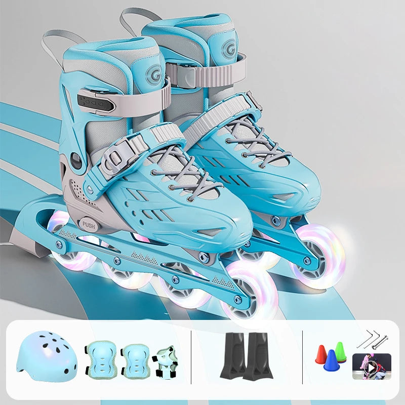 Patines en Línea con 4 Ruedas y Luces Intermitentes, con Juego Completo de Protección, Casco, Rodilleras, Coderas, Bolsa de Transporte, Talla Ajustable para Niños y Niñas