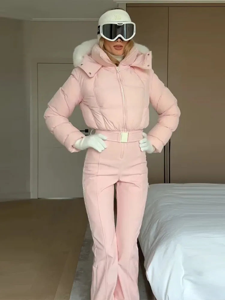 Ropa de esquí para mujer, mono, traje de esquí impermeable, prendas de vestir con capucha, trajes gruesos, ropa de nieve ajustada de manga larga para invierno y exteriores